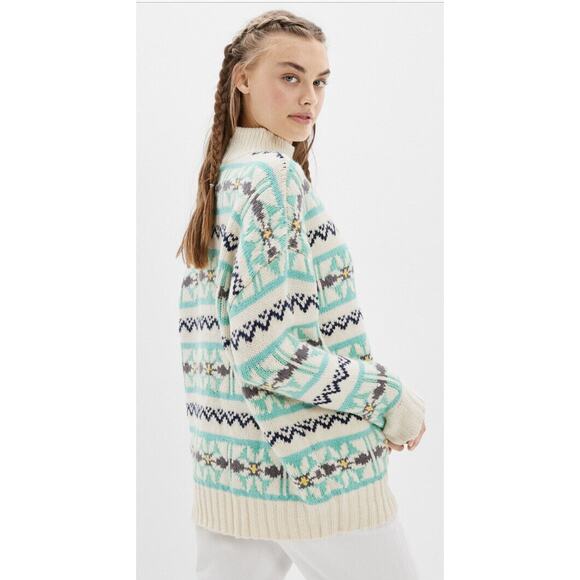 NEW American Eagle Blue Cream Oversized Fairisle Mock Neck Sweater S - Picture 1 of 7